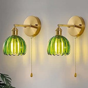 Vintage Wall Sconce 2 Pack, Green Glass Shade Gold Wall Lamp with 12 Inch Cable Switch, Modern Bathroom Wall Sconces Set of Two for Bedroom Corner Hallway