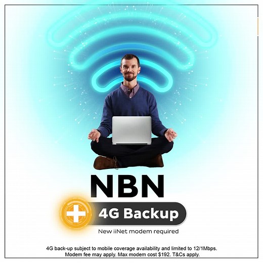 Don’t let your internet let you down. 😞 Switch to iiNet NBN, now with optional 4G backup available on all plans. 😀 New iiNet modem required. 4G backup subject to mobile coverage availability. 4G speeds limited to 12/1Mbps. Modem fee may apply. Max modem cost $192.T&C’s apply. | iiNet