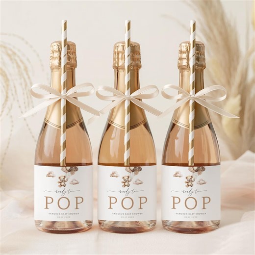 Editable Teddy Bear Baby Shower Champagne Labels, Boho Balloons Mini Champagne Stickers, (digital Download) - Etsy