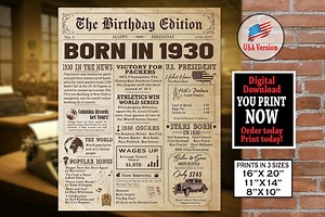 1930 Birthday Newspaper Poster | 1930 Facts for Adult Birthday | Authentic Look Printable Poster | Vintage Style | Instant Download File - Etsy