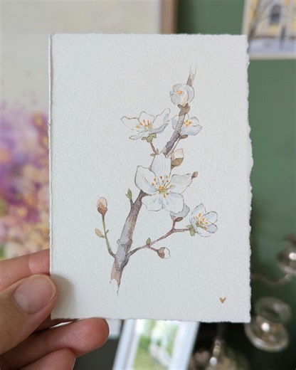 Cherry Blossom Watercolor Painting, Gold Detail, Deckled Edge Art Card - Etsy