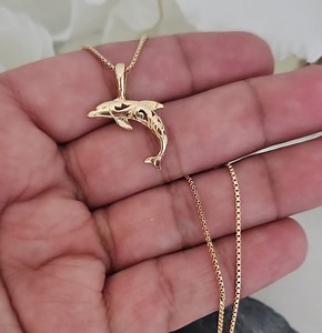 Gold Filigree Dolphin Necklace: 14k Heavy Plated Pendant, 1mm Box Chain, Lifetime Replacement Guarantee - Etsy