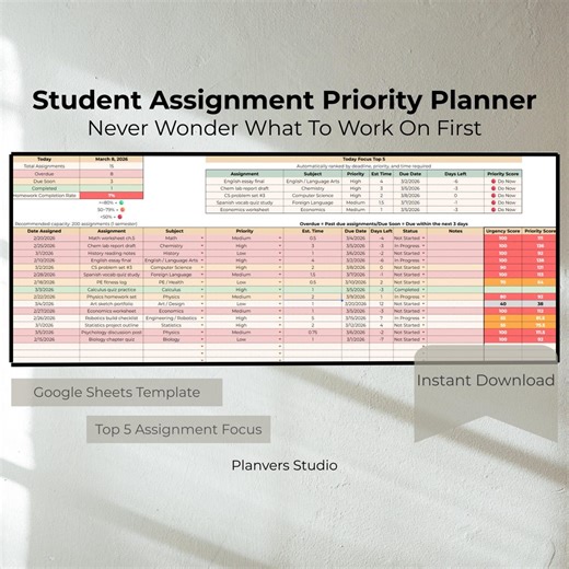 Student Assignment Tracker Assignment Priority Planner Missing Assignment Tracker Overdue Homework Tracker Google Sheets Homework Planner - Etsy