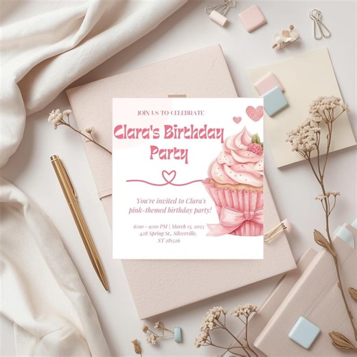 Cupcake Birthday Invitation Template | Pink Girl Party Invite | Editable Printable Square Invitation | Instant Download - Etsy