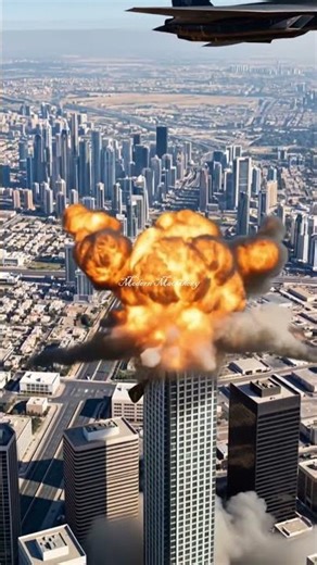 A skyscraper explodes violently, flames and smoke burst as debris flies everywhere fast.