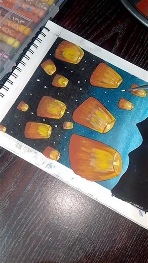 Sky Lanterns Oil Pastel Drawing 🔥 | Beautiful Night Sky Art 😎 #oilpastel #shorts#drawing #ytshorts
