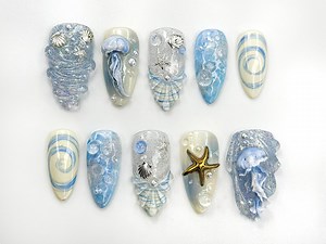 Ocean Dream Jellyfish Press on Nails | Blue Sea Fantasy Nail Art Set | 3D Shell & Starfish Nails | Handmade Oceanic Nail Design | JB782HC - Etsy