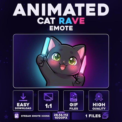 Animated Black Cat Rave Emote – Cute Glowstick Party Cat for Twitch Discord Youtube | Kawaii Rave Dance Stream Emote - Etsy