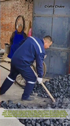 Worker Uses Shovel to Clear Coal Dust and Operate Machine for Production