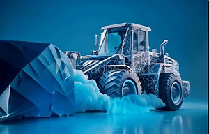 A small-scale toy heavy loader is illuminated to create a neon-like visual effect