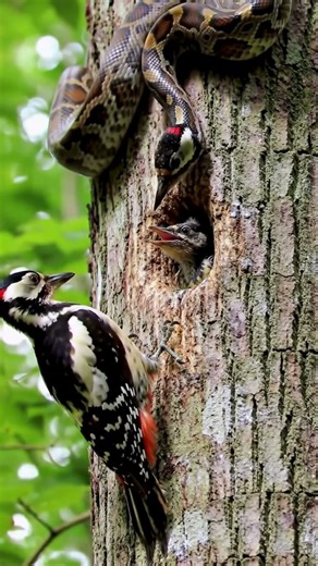 Woodpecker vs Python | Fierce Battle to Protect Baby Bird 🐦🐍 #shorts