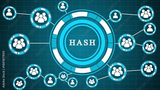 Decentralized Network Hub with Connected Users and Laptops, Digital Hash Technology Concept, Futuristic Blue Grid Background