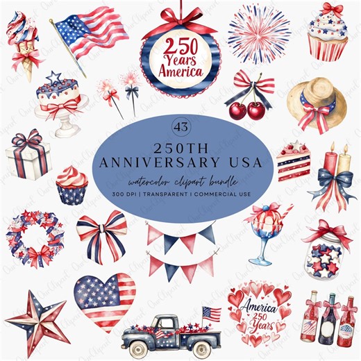 America 250th Anniversary Clipart Bundle – Coquette Patriotic 4th of July Watercolor PNG Set - Etsy