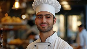 Stylish white uniformed chef with a proud chefs cap on