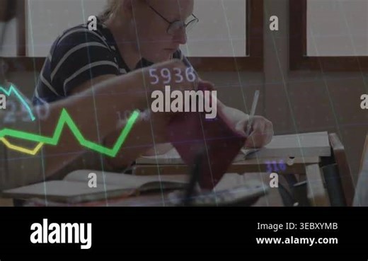 Female student working on lesson, peer reaching for pink pencil case, graphs scrolling over frame. Classroom, classmates, notebook, glasses, desks, daylight, windows Stock Video Footage - Alamy