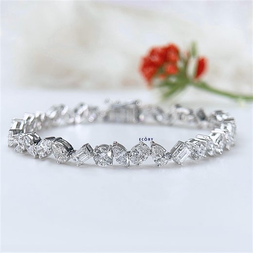 Buy Multi Shape Lab Grown Diamond Tennis Bracelet, Mixed Cut Diamond Bracelet, 14K White Gold Bridal Bracelet, Luxury Diamond Bracelet for Gift Online in India - Etsy
