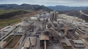 Cement production, plant for burning cement mix. factory view from above. 4K