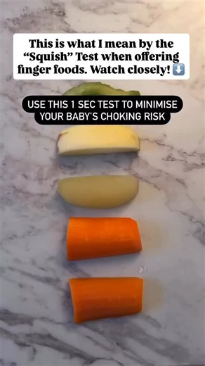Children’s Nutritionist | Stanford University on Instagram: "Not sure if a food is safe for your baby? Do the Squish Test! 👇✨ ‼️⚠️If you can’t squish it between your fingers — it’s not safe for your baby. ⚠️‼️ For 6–9 months, think bigger = safer — soft wedges that can be squished easily help babies learn to chew and self-feed without choking. From 9 months onward, you can start offering small bite-sized pieces to encourage the pincer grasp. The squish test works for everything — from pancakes 