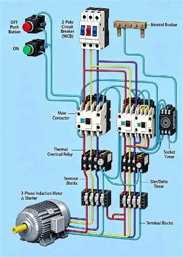 Star Delta Starter Complete Wiring Diagram | 3 Phase Motor Control Circuit Explained ⚡🔧