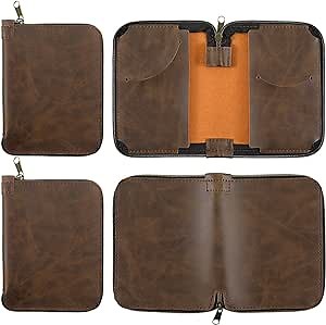 Kosiz 2 Pcs Medieval Leather Zippered Journal Cover for 4" x 5" Small Pocket Notebook Vintage Handmade Notebook Cover for Field Notebook Hardcover Cahier Refillable Case (Dark Brown)