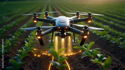 Advanced agricultural drone spraying liquid fertilizer on a field of young plants at sunset animated