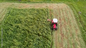 Farmer mowing green vetch with a tractor. Harvesting green clover for animal feed