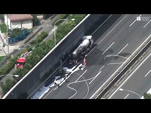 空撮・名神高速でタンクローリー炎上