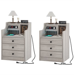 Set of 2 Nightstand with Charging Station, Night Stand with Hutch & Storage Drawers, End Table Side Table Bedroom,Grey-2PCS