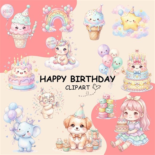 Happy Birthday Kawaii Clipart Bundle | Watercolor Designs, Instant Download - Etsy
