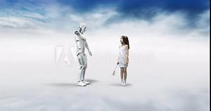 Advanced AI Robot Bowing And Obeying To A Small Human Being. Cute Girl Offering A Flower. Technology And People Related 3D Concept.