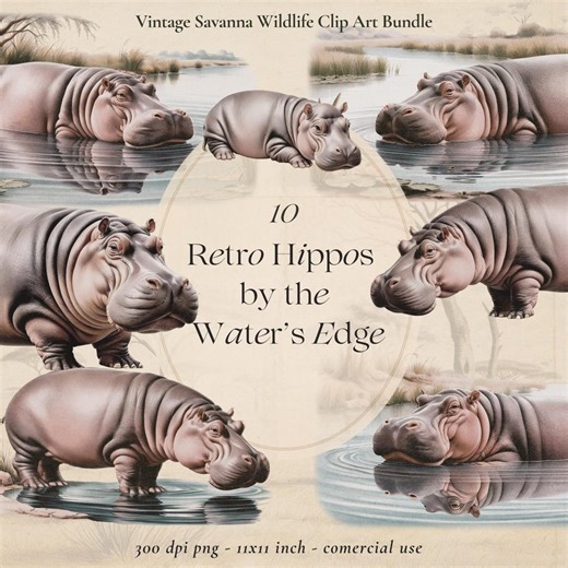 Vintage Hippo Clip Art: Safari Animal PNG Illustrations (digital Download - Etsy