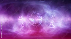 Binary sphere with motion digital icon person symbols in colorful vibrant cyberspace cosmos animation background.
