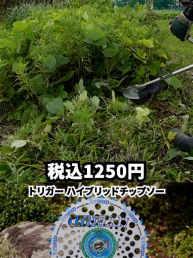 『トリガー ハイブリッドチップソー』 超硬チップと刈刃を組み合わせた、ちょっと変わったチップソー。 タングステンチップ25枚と刈刃25枚を交互に配置。 硬い笹や竹、小木などは超硬チップ、 柔らかい草は刈刃が担当します。 さらに刃先には段差を設け、 一気にガツッと食い込まず、順番に切削。 刈刃には「アサリ加工」を施し、 切削抵抗を抑えてスムーズな切れ味を実現しています。 草から笹・竹・小木まで、これ1枚で幅広く対応。 しかもオンラインショップで税込1,250円。 切れ味と使いやすさを両立した、 コスパの高いハイブリッドチップソーです。 外径255mm／刃厚1.8mm／重量365g 推奨刈払機：25～35cc
