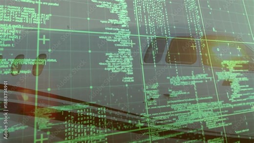 Digital grid initializing and scanning jet fuselage, scrolling code clustering windows and cockpit