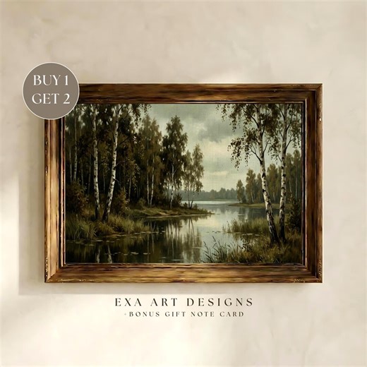 Birch Tree Forest Lake Landscape Painting | Vintage Aspen Forest Printable Wall Art, Moody Nature Print, Rustic Farmhouse Woodland Decor - Etsy