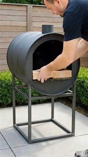 A simple steel barrel on a clean square frame — nothing extra, just strong lines and solid structure 🔩🔥 At first, it stands quietly on the patio. Smooth metal surface, perfectly balanced on a rectangular steel base. Set against a wooden privacy fence and green hedges, it feels modern, minimal, and intentional. Then the front opening changes everything. The circular chamber reveals a firebrick-lined interior designed to hold and circulate heat. Once wood is stacked and lit, flames begin to rise