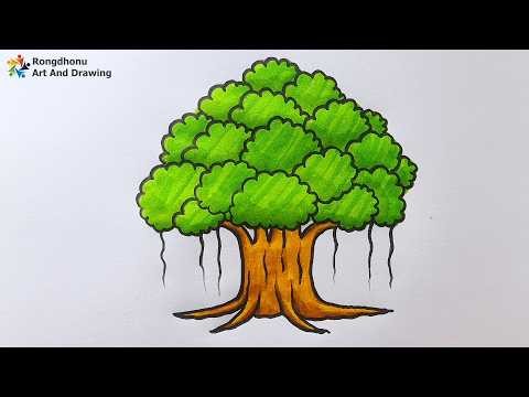 Easy Banyan Tree Drawing and Coloring Step by Step | Big Botgach Drawing Tutorial