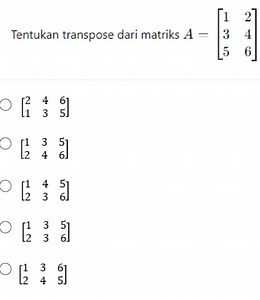 Tentukan transpose dari matriks A=\left[\begin{array}{ll}1 & 2 ... | Filo