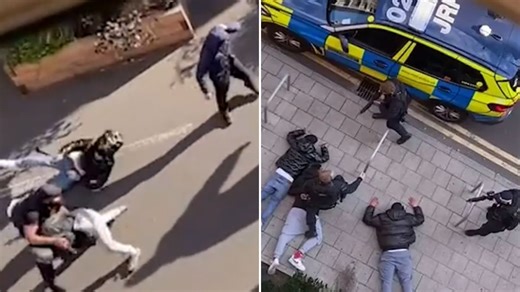 Shocking moment seven men brawl with machetes and bats in street fight