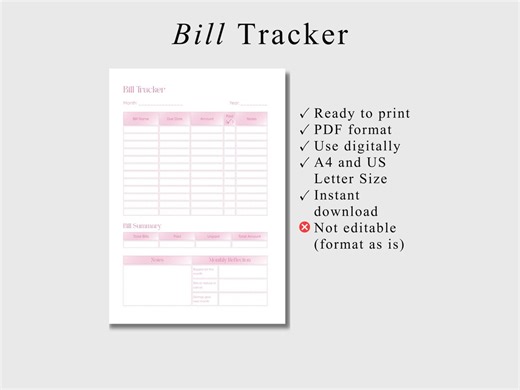 Printable Monthly Bill Tracker Monthly Bill Payment Checklist Bill Payment Tracker Bill Organizer Planner Page Money Management Planner PDF - Etsy