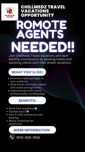 🌴 Chillmedz Travel Vacations – Remote Travel Agent Opportunity 🌴 Looking for motivated remote travel agents & social media influencers! Join Chillmedz Travel Vacations and start earning commissions by booking hotels and assisting clients with their dream vacations. What You’ll Do: Promote travel packages to your audience Book hotels and assist clients with travel arrangements Communicate with clients professionally via WhatsApp Requirements: Active on social media or experience in travel Relia