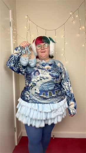 search and follow EMERY ROSE CURVE at SHEIN to keep up to date with their latest drops! 😍 search code: X4UYJ 🔍 discount code: 25BFCabidrinkellofficial126 (for up to 90% off!) 💰 outfit details: casual winter snowscape print sweater (search ID: 43424237) and white ear muffs (search ID: 43913083): SHEIN CURVE blue skirt: Mikumn Store on AliExpress (@mingmin72) 80 denier tights in the shade ‘True Blue’: Snag Tights pastel blue kawaii style heels: Temu hair details: ‘Vampire Red’ from Manic Panic 