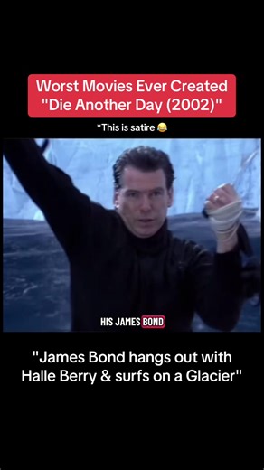 Satirical Take on James Bond's Glacier Surfing with Halle Berry