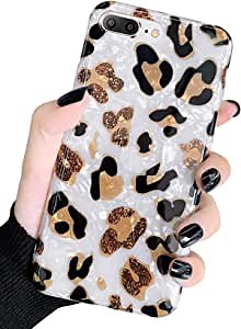 J.west White Leopard Cheetah Print Glitter Pearly-Lustre Translucent Sparkle Bling Crystal Clear Soft TPU Protective Cover for Girls Women-Sparkly