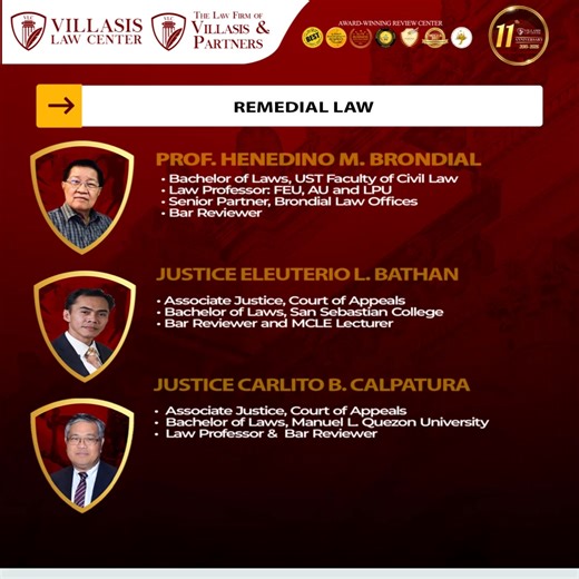 🎥 Remedial Law | 2026 Online Bar Review Program Learn Remedial Law from a formidable lineup of Supreme Court and Court of Appeals justices, Sandiganbayan justices, trial court judges, law deans, senior litigators, and veteran Bar review professors—only at Villasis Law Center. This Bar-focused Remedial Law lineup is designed to help reviewees: ✅ Master Rules of Civil, Criminal, and Special Proceedings ✅ Understand procedure with clarity, logic, and structure ✅ Apply remedies effectively in Bar-l