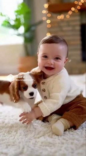 A baby playing with a Cavalier King Charles Spaniel puppy