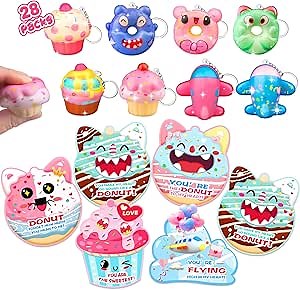 28 Packs Valentine's Day Gifts for Kids,Monster Dessert Airplane Squishy Toys with Cards,Classroom Exchange Prizes and Valentines Party Favors,Keychain Valentines for Boys and Girls Over 3 years old