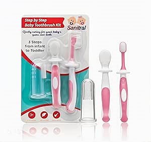Baby's First Toothbrush Kit - Step by Step 0-2 Years - Safety-Tested & BPA-Free 3-Pack (Finger, Silicone, Toddler Toothbrushes) - Pink