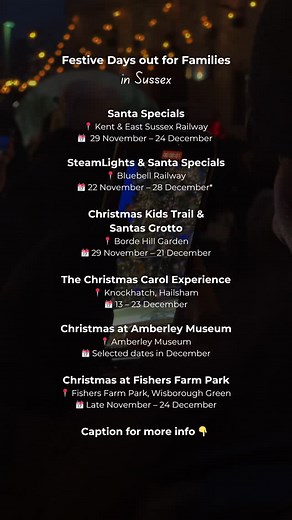 Festive fun for the family 🎅🎄👇 Santa Specials at @kentandeastsussex, Tenterden 29 Nov – 24 Dec Enjoy a 75-minute steam train ride with Santa, festive treats, and unlimited rides on vintage gallopers. A magical experience for all ages. SteamLights & Santa Specials at @bluebell_railway SteamLights: 22 Nov – 28 Dec – A dazzling steam train light and sound show themed around the Ice Queen. Santa Specials: 29 Nov – 24 Dec – Meet Santa aboard a heritage train and enjoy festive treats. Christmas Kid