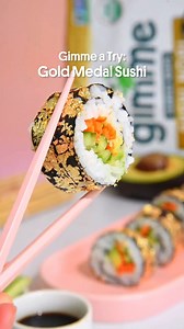 6.4K views · 119 reactions | Gold Medal Sushi is dressed to impress  How we made this: Layer Gimme Sushi Nori with prepared sushi rice and fillings such as cucumbers and avocado (feel free to add your favorite sashimi or additional veggies). Roll tight and brush with gold leaf then cut into perfect bite sized golden rounds! Make it for your next gathering: https://gimmeseaweed.com/collections/grab-and-go?sort=manual&compactView=true | Gimme Seaweed | Facebook